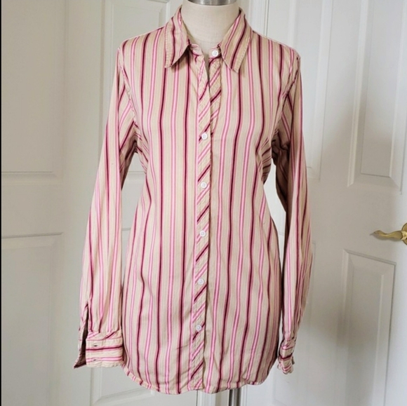 Old Navy Tops - OLD NAVY Pink Burgundy Tan Button Down Maternity Shirt Striped SIZE EXTRA LARGE